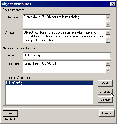 FrameMaker 7+ Object Attributes dialog