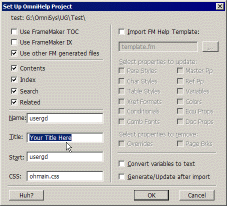 Set Up Omni Help Project dialog