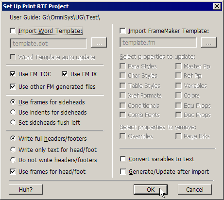 Set Up Print RTF Project dialog